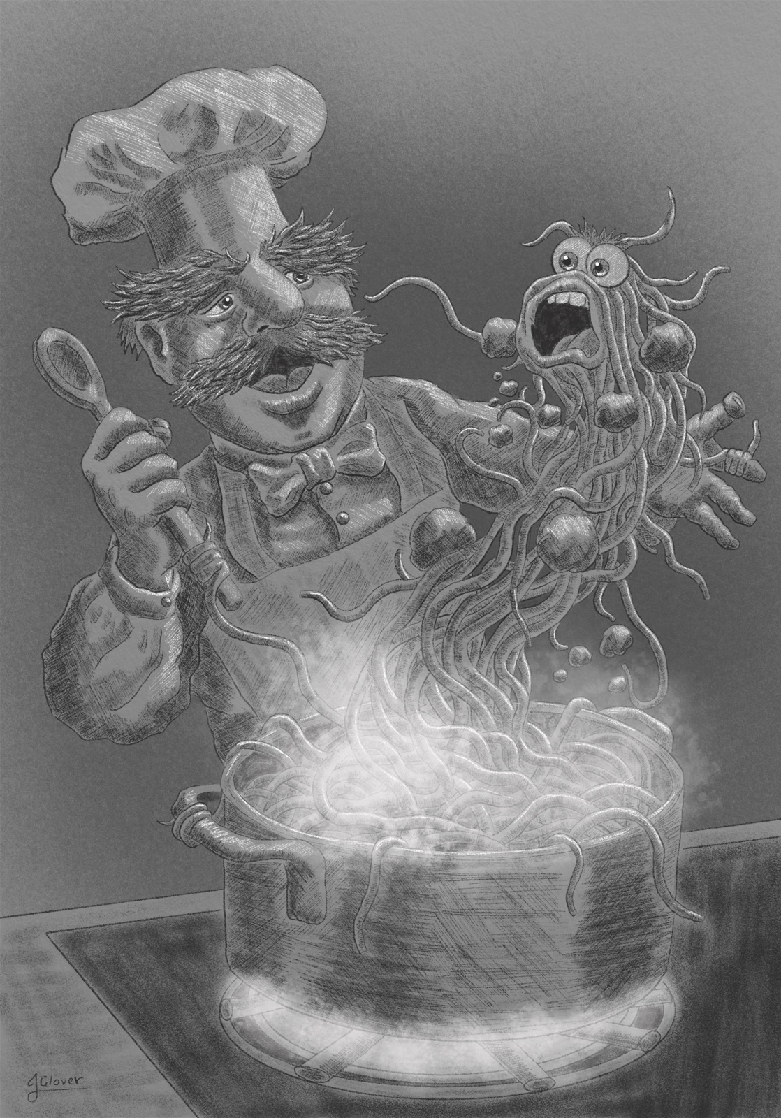 artwork drawing of the swedish chef cooking spaghetti that is alive