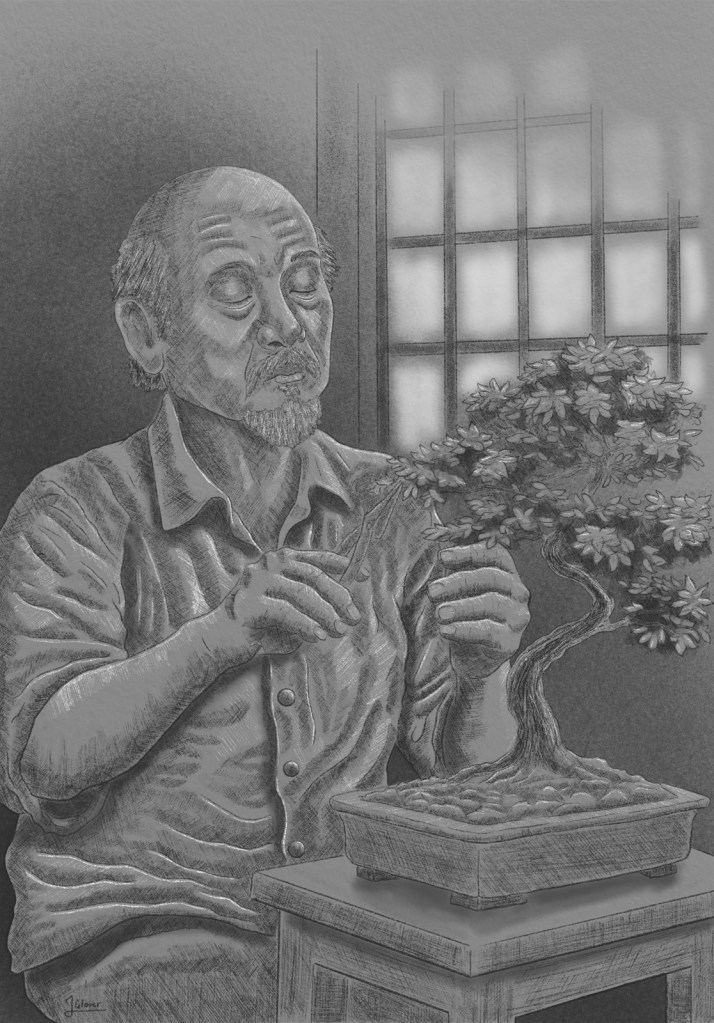 Illustration of Mr Miyagi trimming a bonsai tree from the karate kid movie