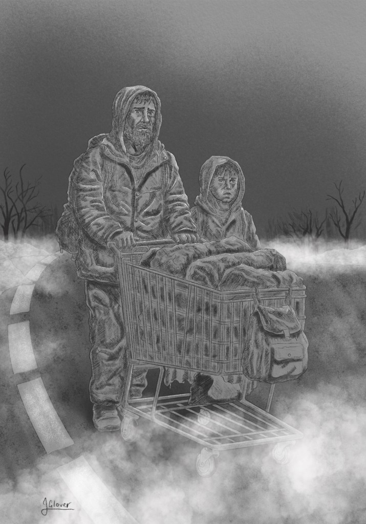 Illustration of the man and the boy from the road, walking along the post apocalyptic road pushing a shopping cart