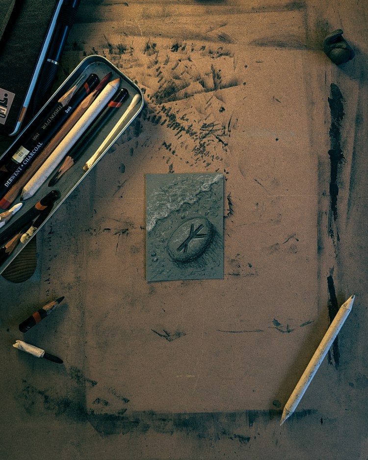 Original ACEO hand-drawn art card - Fantasy art rune-etched pebble on beach