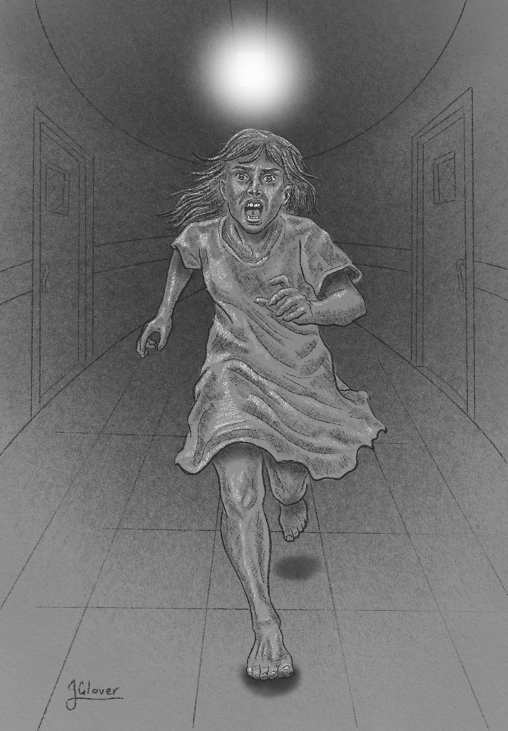 Illustration of a young girl running through the corridors of a mental asylum