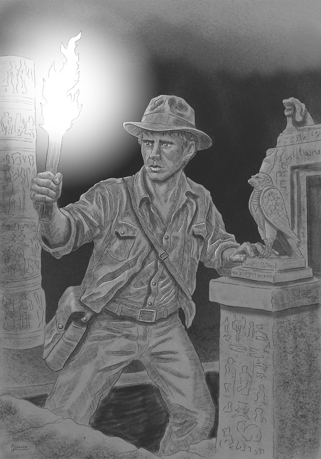 Illustration of a young Indiana Jones exploring an ancient Egyptian tomb